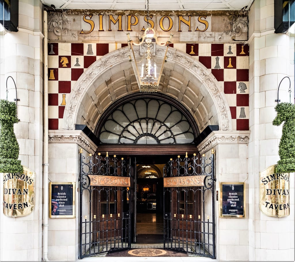 Iconic entrance to Simpson's in the Strand (www.jamesbedford.com)