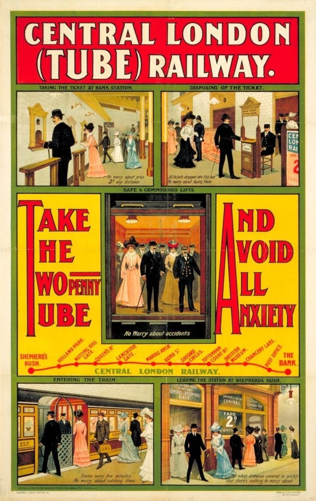 A 1905 poster for the Central London Railway offering a reassuring illustration of how to use the Twopenny Tube.