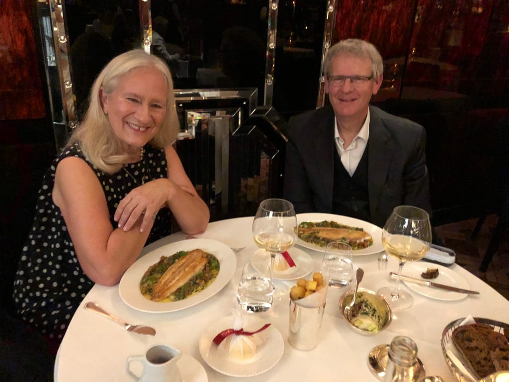 Eileen and Roger dining at the Savoy Grill