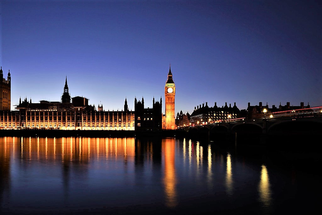 Houses of Parliament at night from across Westminster Bridge