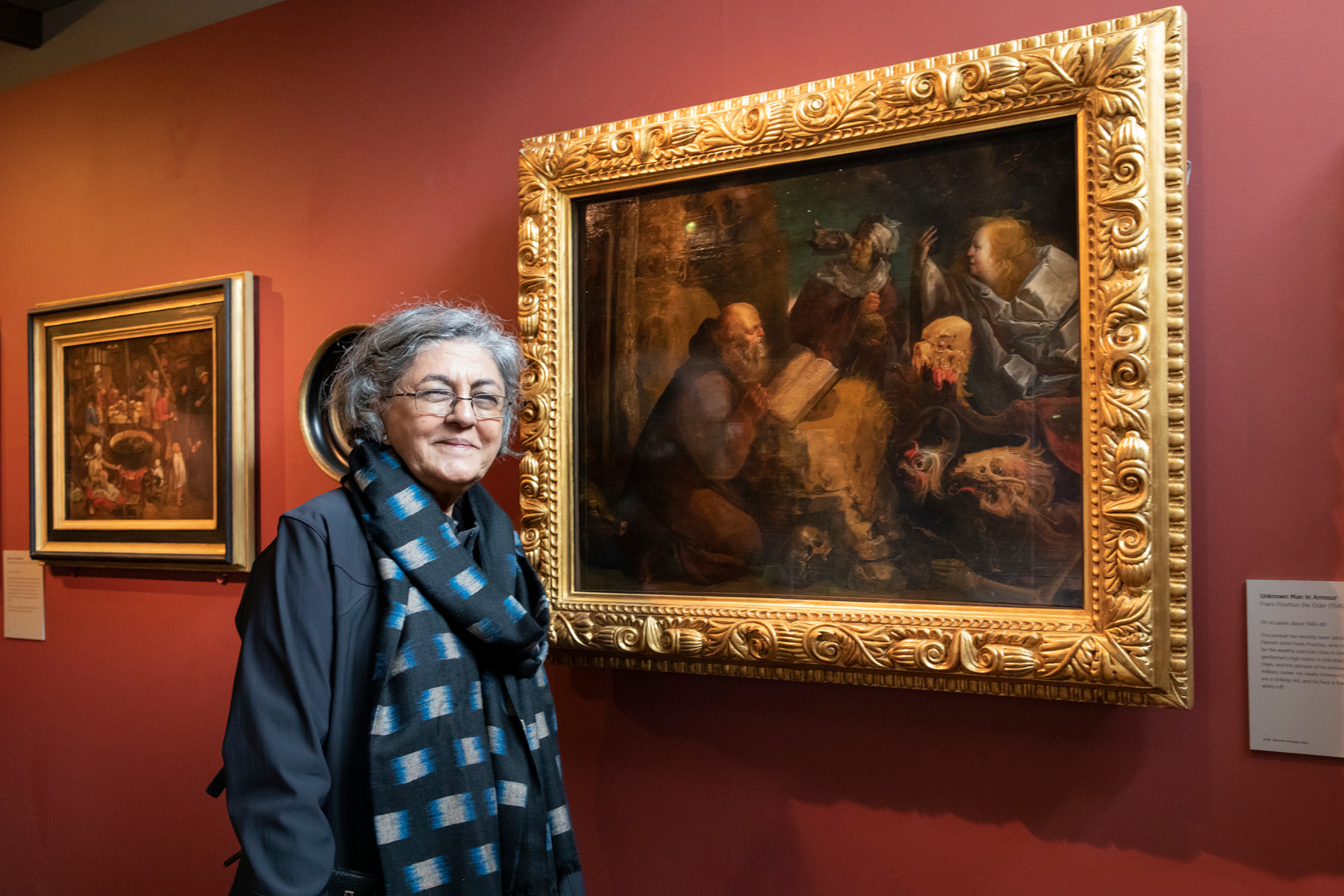 Nalini Malani in front of Jan van der Venne’s The Temptation of St Anthony at the Holburne Museum, Bath