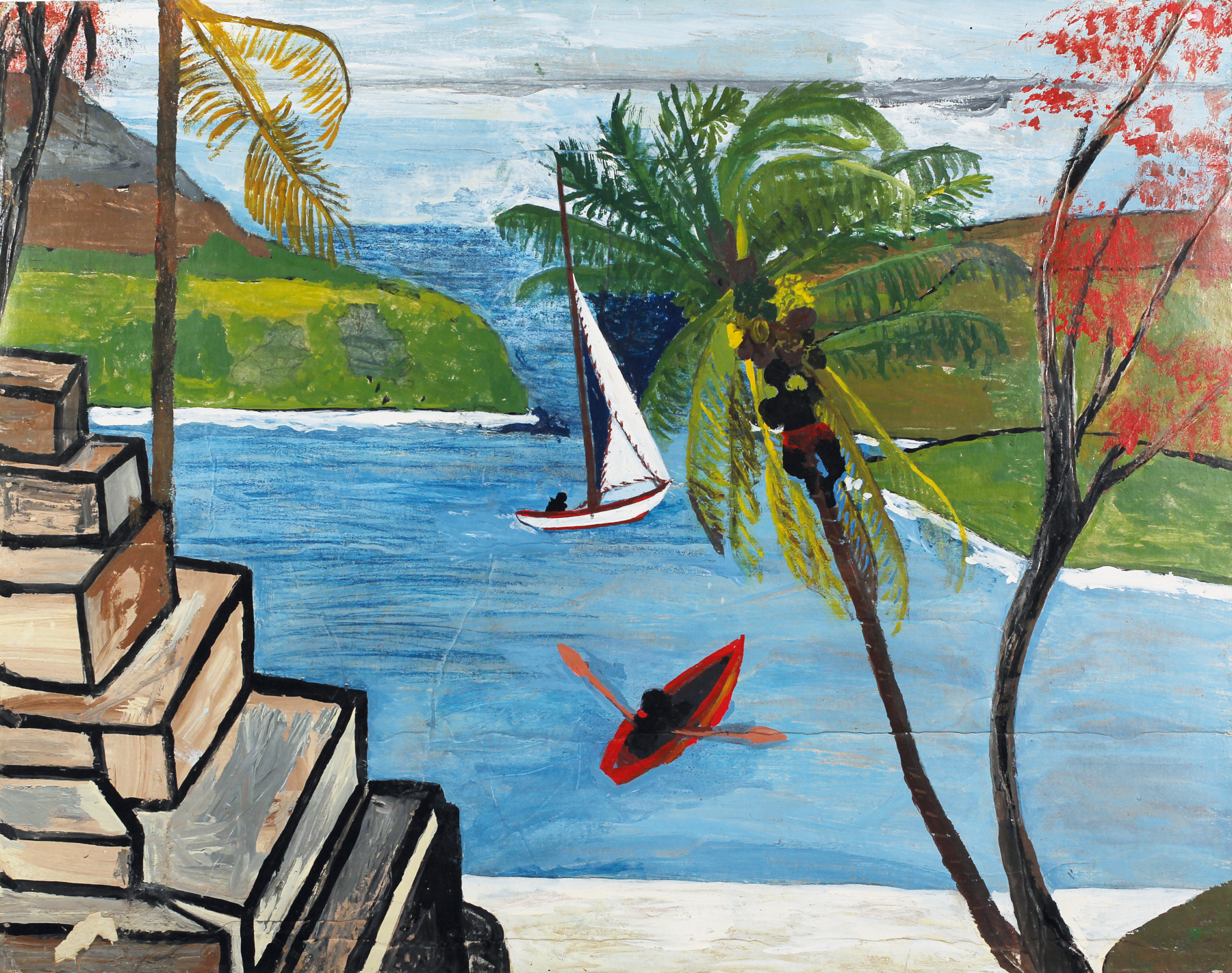 Frank Walter, Man Climbing a Coconut Palm and View of Red Canoe and Boat in Harbour (undated), Courtesy Frank Walter Family and Kenneth M. Milton Fine Arts