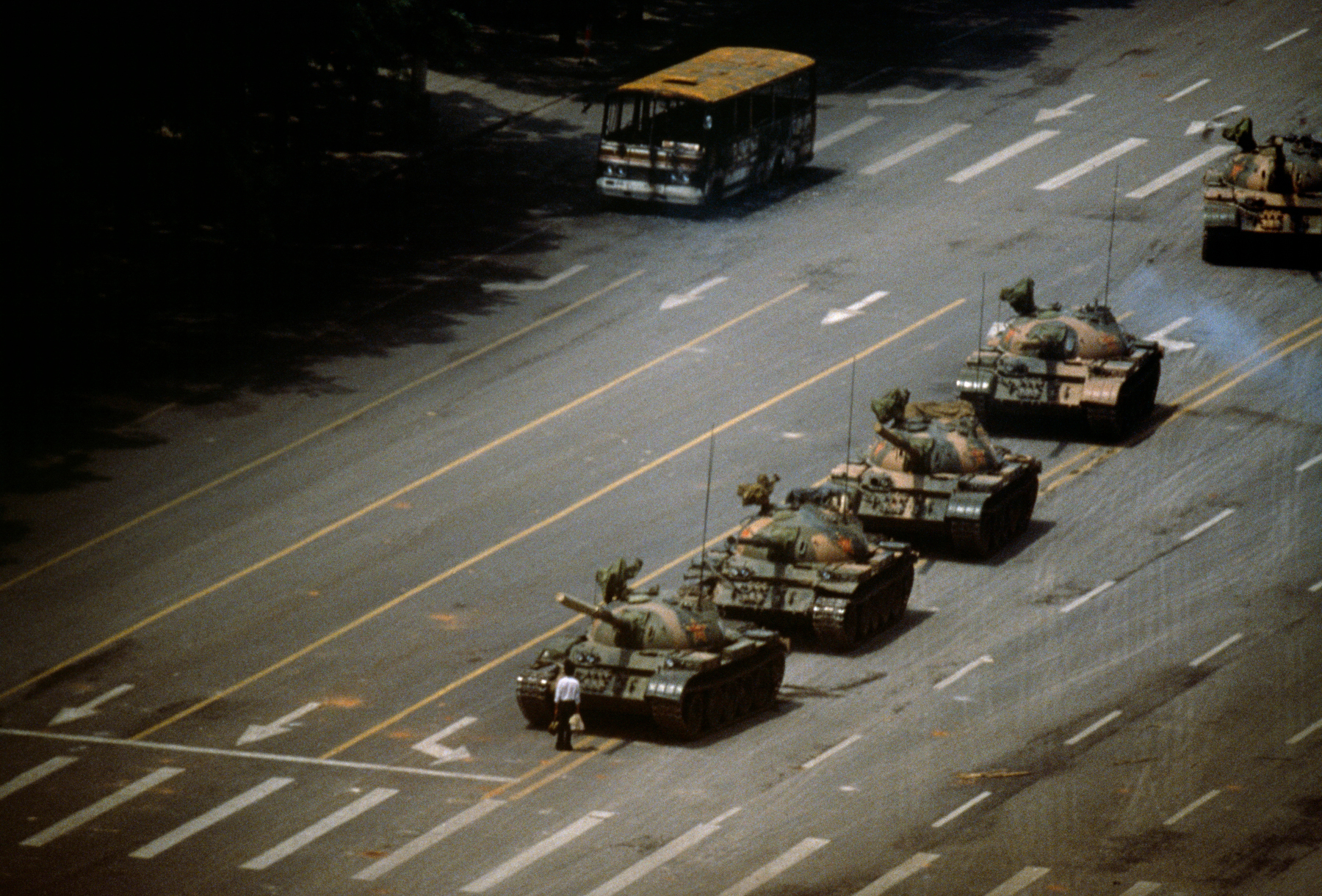 Stuart Franklin 'The Tank Man' stopping the column of T59 tanks. Tiananmen Square, Beijing, China. 4th June 1989.© Stuart Franklin and Magnum Photos
